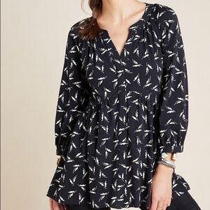 Anthropologie Maeve Winona Babydoll Tunic Black White Leaf Pattern Size Medium